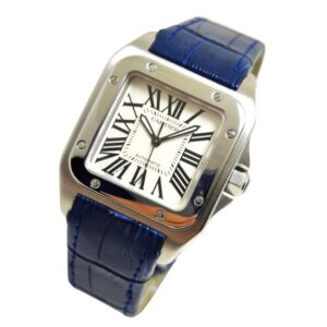 A stunning Cartier Santos 100 XL watch, exuding elegance in steel bezel with a vibrant blue strap