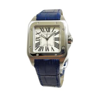 A stunning Cartier Santos 100 XL watch, exuding elegance in steel bezel with a vibrant blue strap