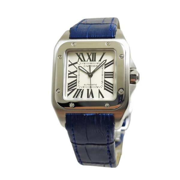 Cartier Santos 100 XL – White Dial, Blue Leather Strap Steel Watch