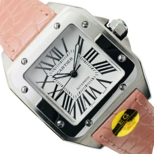 A stylish Cartier Santos Silver watch with a pink leather strap, perfect for adding a touch of elegance to any outfit.