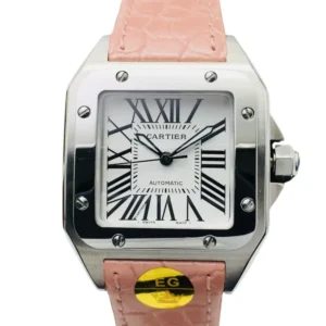 A stylish Cartier Santos Silver watch with a pink leather strap, perfect for adding a touch of elegance to any outfit.