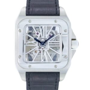 A mesmerizing Cartier Santos Skeleton Blue watch for men, featuring a 28mm dial. It's a masterpiece in motion.