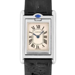 Cartier Tank Basculante 2405 black watch with sleek black leather strap.
