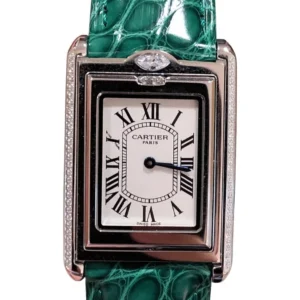 A stunning Cartier Tank Green watch adorned with sparkling diamonds and elegant Roman numerals. A timeless beauty on your wrist.