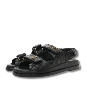 Leather Chanel Velcro Dad sandals with gold buckles and a toe buckle, perfect for a stylish and comfortable summer look.