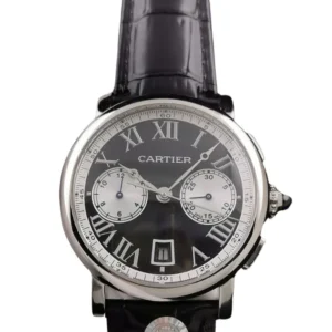 Elegant Cartier Rotonde Chronograph Black Dial timepiece featuring white hands for a classic look.