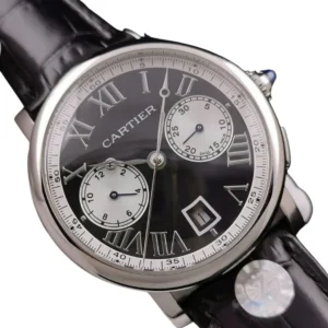 Elegant Cartier Rotonde Chronograph Black Dial timepiece featuring white hands for a classic look.