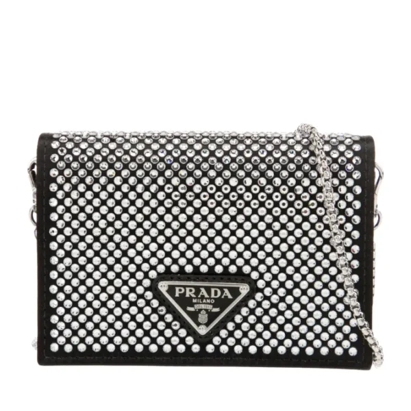 Prada Satin Crystal Card Holder With Metal Triangle Logo