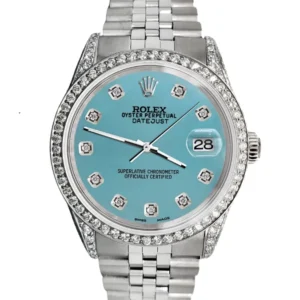 A stunning Rolex Datejust 31 with a captivating sky blue dial and a diamond bezel. A perfect blend of elegance and luxury.