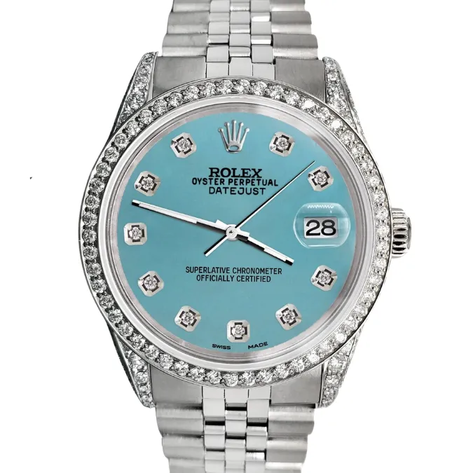 A stunning Rolex Datejust 31 with a captivating sky blue dial and a diamond bezel. A perfect blend of elegance and luxury.