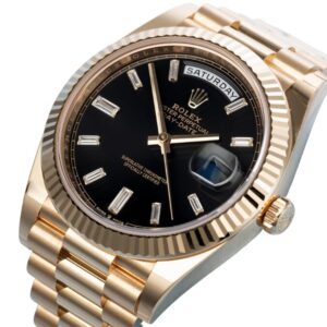 Rolex Day Date 40: Black dial, gold bezel. Classic elegance and sophistication.