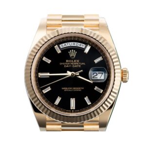 Rolex Day Date 40: Black dial, gold bezel. Classic elegance and sophistication.