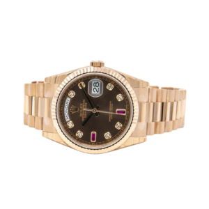 A lavish Rolex 40mm adorned with diamonds, featuring an alluring Day Date brown dial