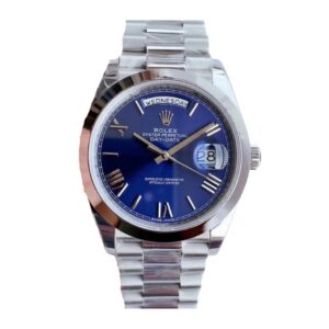 A Rolex watch with a blue dial and Roman numerals, known as the Day Date Blue