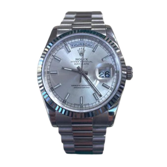 Elegant Rolex watch with silver bracelet, showcasing Day Date Silver Dial