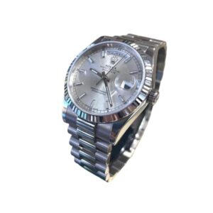 Elegant Rolex watch with silver bracelet, showcasing Day Date Silver Dial