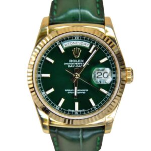 Rolex 36mm with a green dial and Day Date Yellow Gold—a luxurious timepiece exuding elegance and style