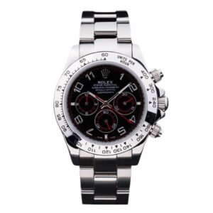 Rolex Daytona Chronograph watch with black dial, silver bezel, and stainless steel bracelet