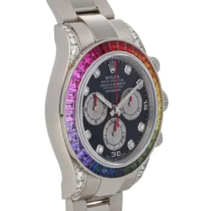 A luxurious Rolex Daytona Cosmograph watch with a vibrant rainbow colored dial, adding a pop of color to your wrist.