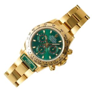 The Rolex Daytona Green Dial, a symbol of timeless elegance, showcases a stunning golden watch.