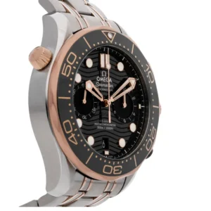 Omega Diver 300M Chronograph timeless beauty with a black and rose gold watch, showcasing a black dial that radiates elegance.