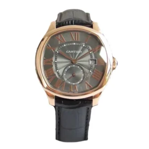 A sleek Drive de Cartier timepiece showcasing a black leather strap and a luxurious rose gold dial, a must-have accessory.