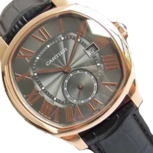 A sleek Drive de Cartier timepiece showcasing a black leather strap and a luxurious rose gold dial, a must-have accessory.