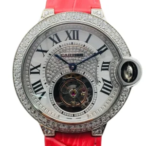Stylish Cartier Flying tourbillon Watch red leather strap with sparkling diamond accents on the dial.
