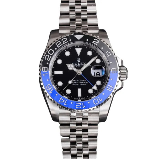 Stylish Rolex GMT Master Batman with a sleek black dial and a vibrant blue bezel.