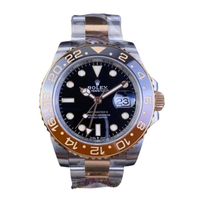 Rolex GMT Master II Everose with black dial and gold bezel edition