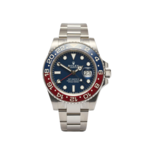 Rolex GMT Master II Pepsi: A luxury watch with a stainless steel case and a red and blue ceramic bezel.