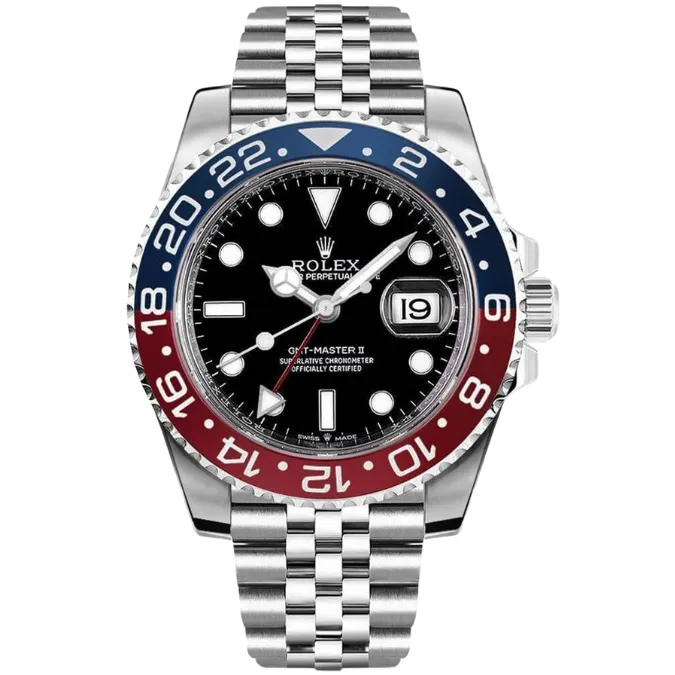 Image of a luxurious Rolex GMT Master II Pepsi Ceramic timepiece in stainless steel with a black dial, ideal for jet-setters.