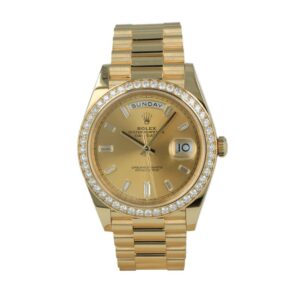 An opulent Gold Diamond Watch by Rolex, showcasing the elegance of a 40mm Day-Date timepiece