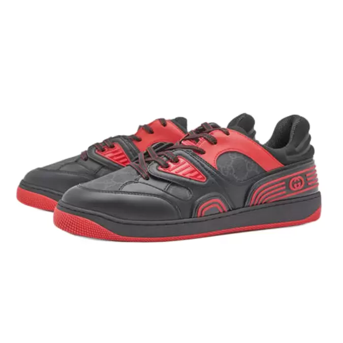 Gucci Basket Black and red low top sneaker with a fiery red logo, perfect for adding a pop of color to your outfit.