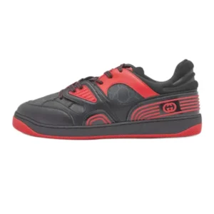 Gucci Basket Black and red low top sneaker with a fiery red logo, perfect for adding a pop of color to your outfit.