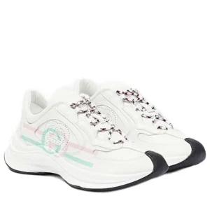 Step out in style with these White Gucci Run sneakers, showcasing a chic green and pink stripe that adds a touch of flair to any look.