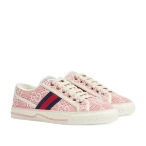 Gucci Tennis 1977 sneaker in pink and blue hues, featuring a vibrant red stripe for a trendy and sporty look.