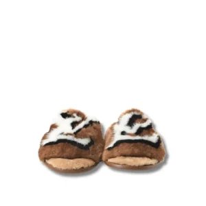 Stay warm and fierce in these fur tiger slippers with black and white stripes.