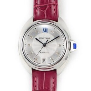 A stylish watch with Red Strap features elegant Roman numerals. It's Cle de Cartier white Dial watch, 34mm.