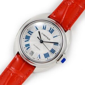 A stylish watch with white dial & bezel features elegant Roman numerals. It's Cle de Cartier Orange Strap watch, 34mm.