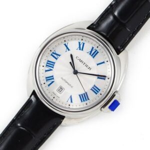 A stylish watch with white dial & bezel features elegant Roman numerals. It's Cle de Cartier Black Strap watch, 34mm.