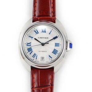 A stylish watch with white dial & bezel features elegant Roman numerals. It's Cle de Cartier Red Strap watch, 34mm.