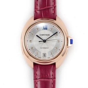 Sleek watch with white dial & Rose Gold bezel features elegant Roman numerals. It's Cle de Cartier Pink Strap watch, 34mm.