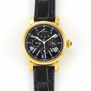 A stylish watch with a black leather strap and elegant Roman numerals. It's the Rotonde Chronograph Gold watch, 40mm.