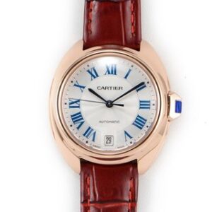 Sleek watch with white dial & Rose Gold bezel features elegant Roman numerals. It's Cle de Cartier 40mm, Red Strap watch.