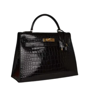 A luxurious Hermes black crocodile leather Kelly Sellier 25 bag, a timeless fashion statement.