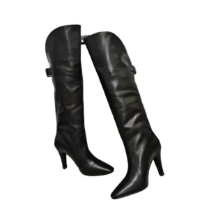 A pair of sleek YSL Black Leather Knee-High Boots featuring a high heel, a versatile addition to any wardrobe.