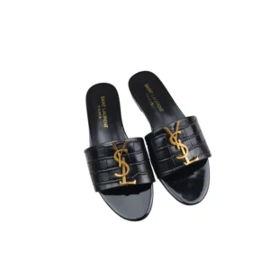 Step out in style with these chic Black Leather YSL Monogram Slides, perfect for everday wear.