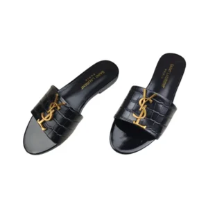 Step out in style with these chic Black Leather YSL Monogram Slides, perfect for everday wear.
