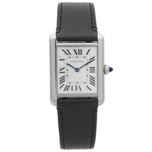 Elegant Must de Cartier Tank watch featuring a luxurious black leather strap, ideal for a classic and timeless look.